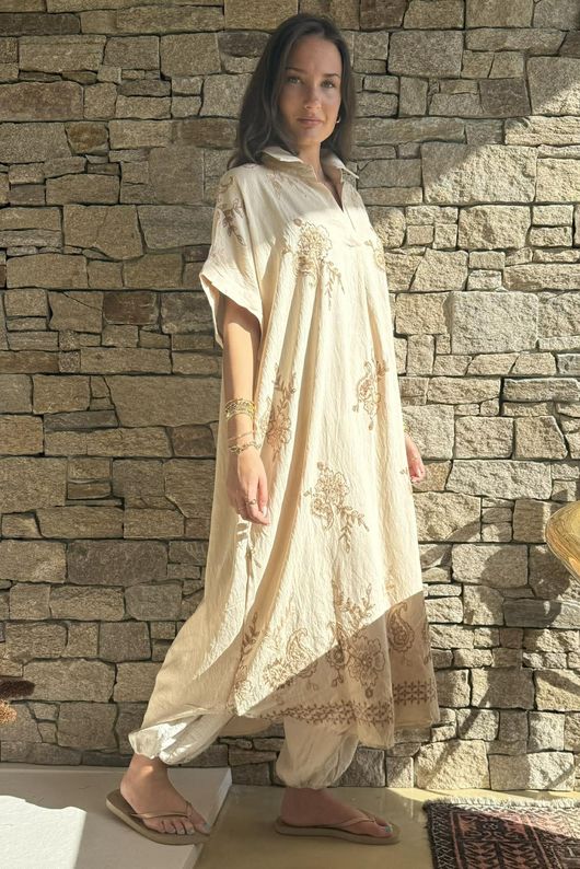 Yara Paisley Embroidered Shirt Dress Stone